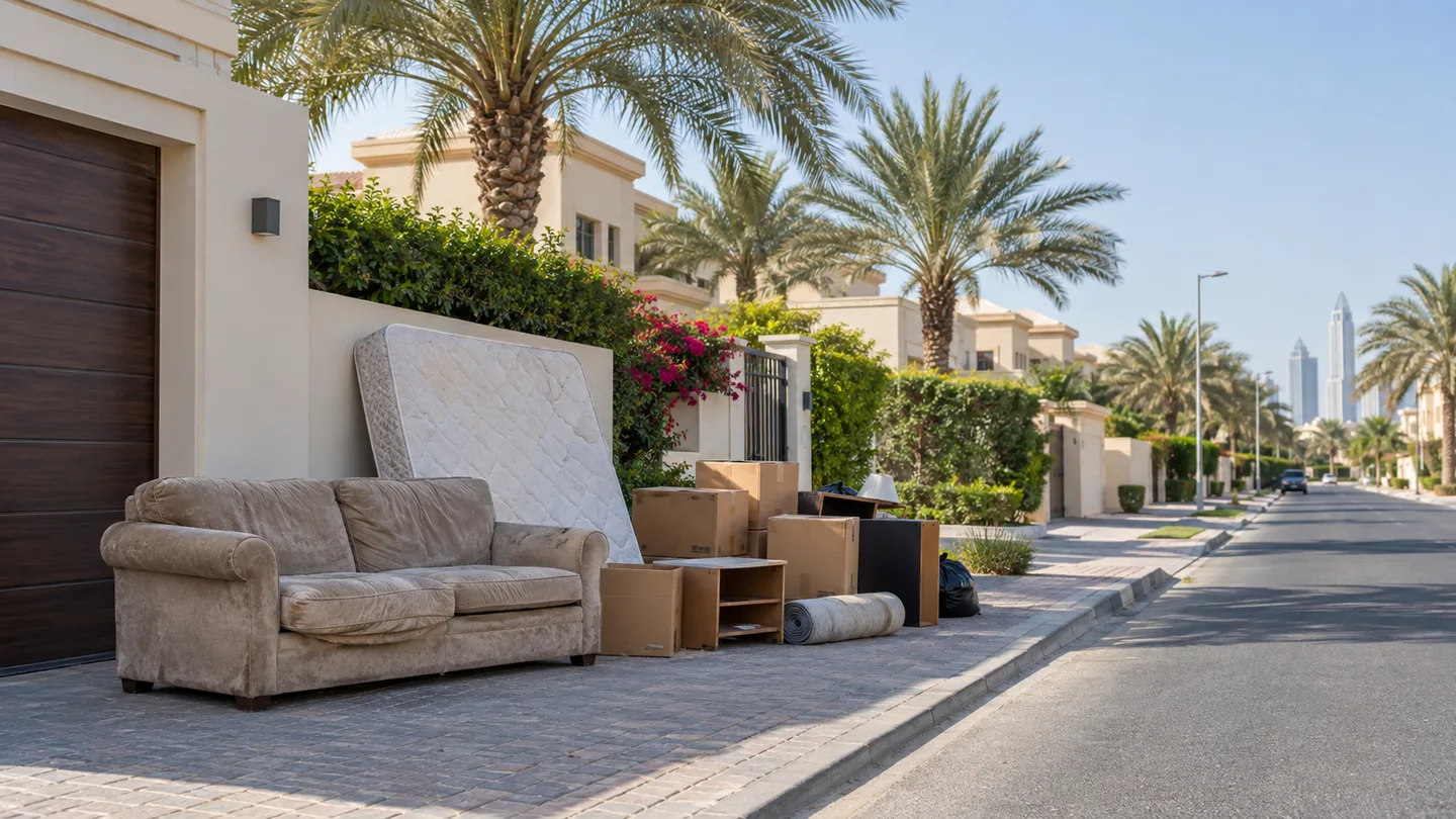 Al Barsha Dubai driveway with furniture and boxes staged for junk removal