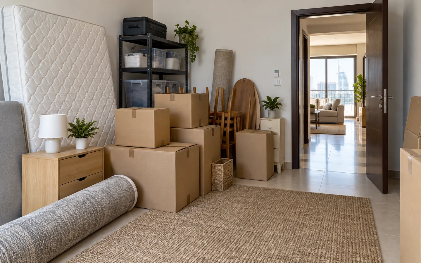 Al Barsha home storage room with mattress, small furniture and cartons separated into removal groups