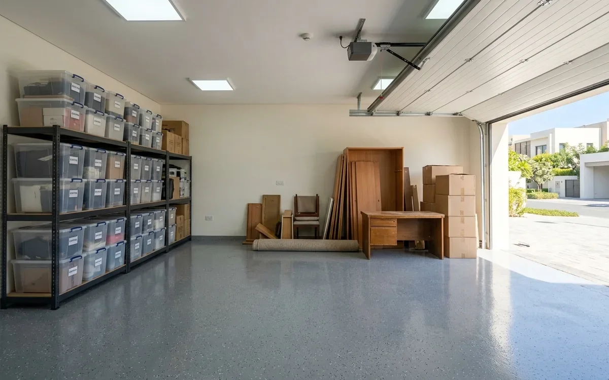 Organized Al Furjan villa garage with storage bins, wooden furniture, cartons, and a clear loading route