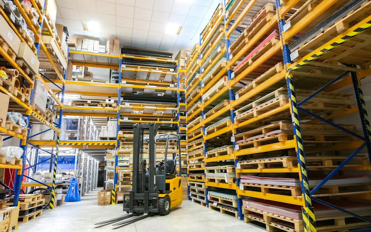 Industrial warehouse floor with stacked pallets and dismantled steel shelving grouped for removal