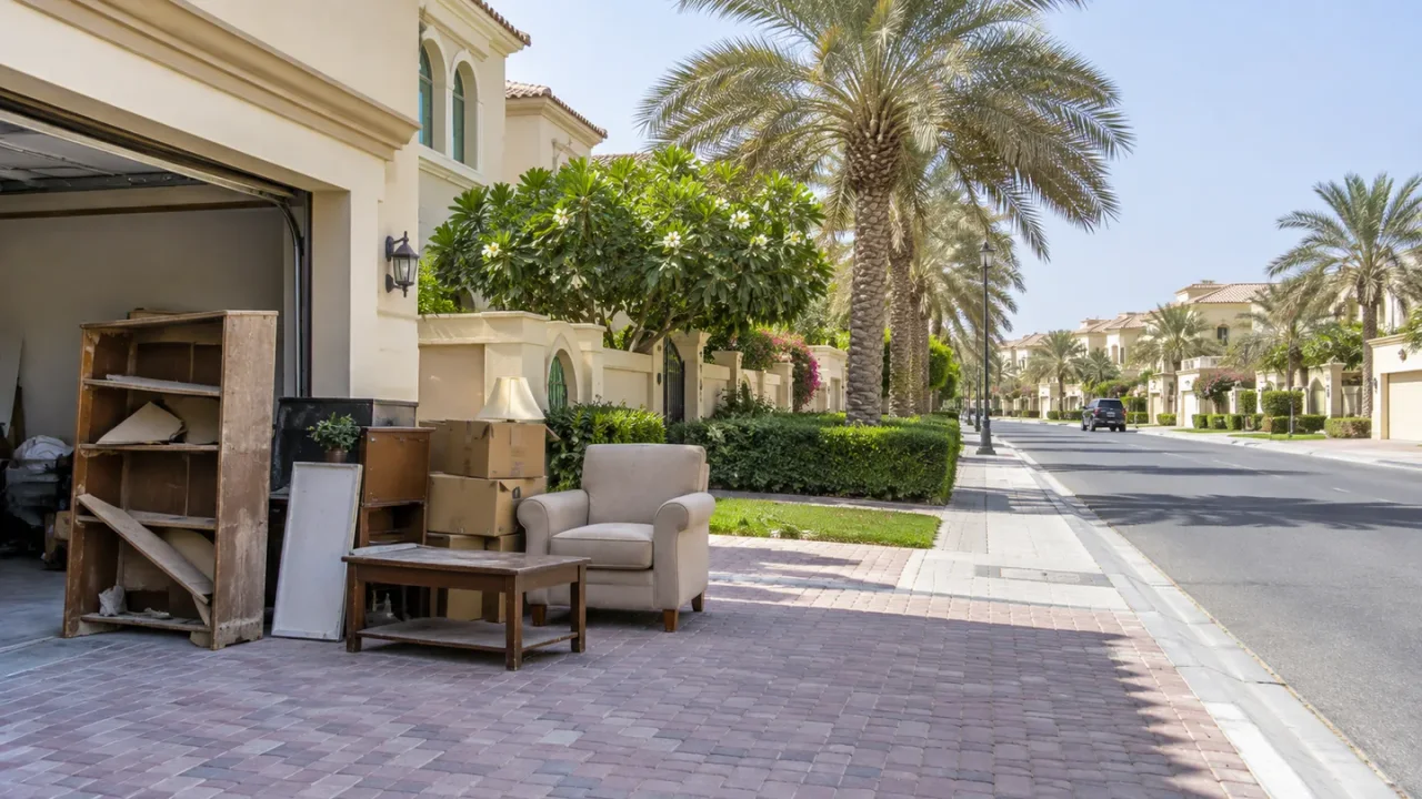 Residential villa street and driveway in Al Warqa Dubai with furniture staged for collection
