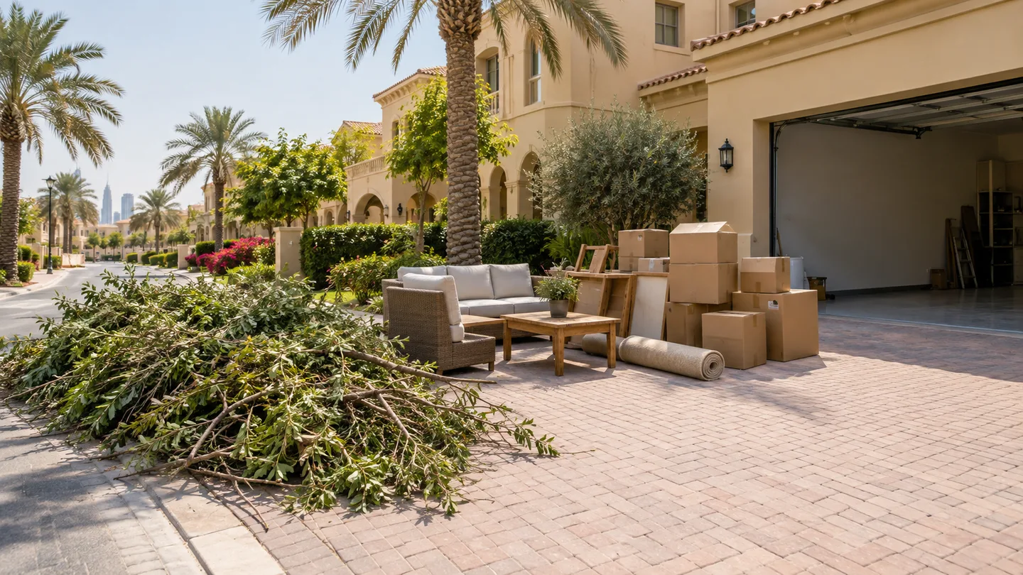 Arabian Ranches Dubai villa driveway with garden and household items staged for pickup