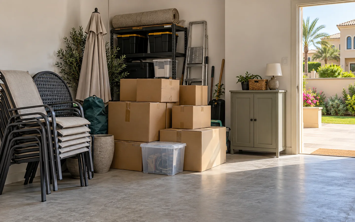 Arabian Ranches villa storage room with garden chairs, cartons and a cabinet separated for removal