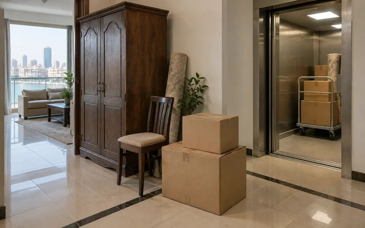 Residential apartment room in Bur Dubai with wardrobe, chair, and bagged household waste organized for removal