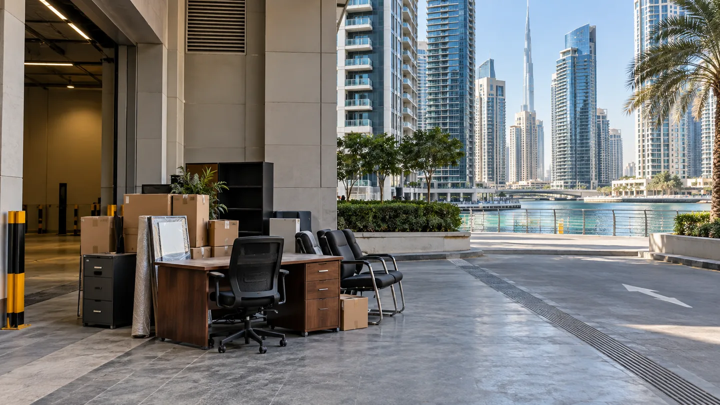 Business Bay loading area with furniture and boxes staged for junk removal