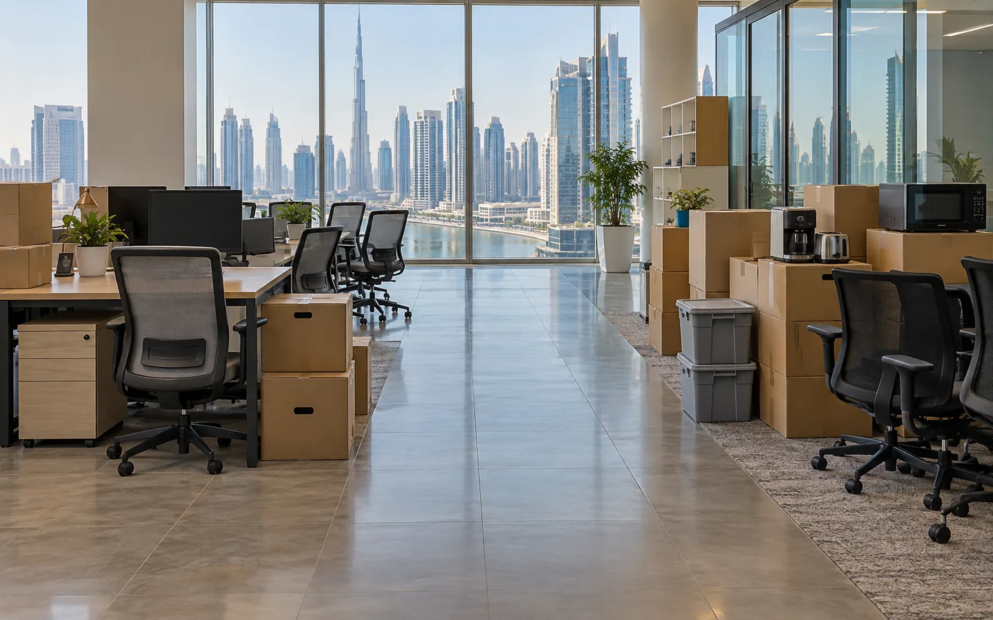 Business Bay office with unused desk, chairs, filing boxes and a small appliance sorted into removal zones