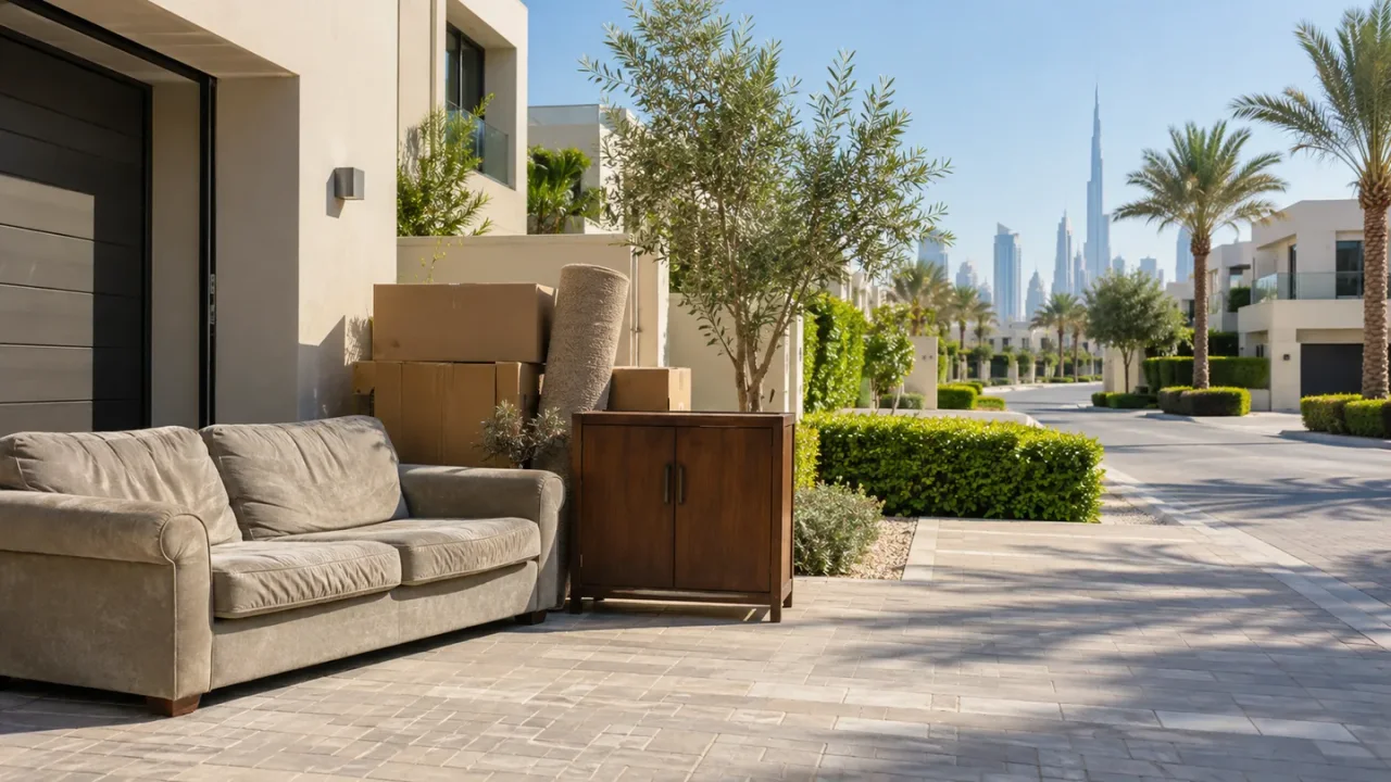 Modern golf-community villa exterior with private driveway and landscaped entrance in Damac Hills Dubai