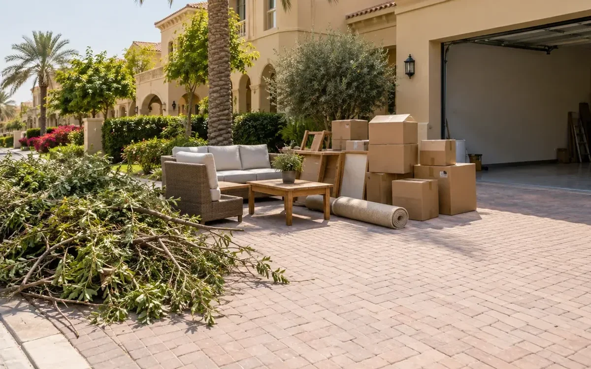 Weather-worn outdoor patio seating, sun loungers, and garden furniture arranged for removal