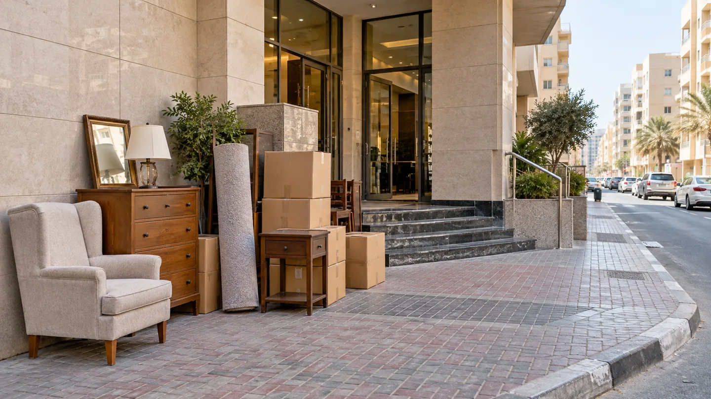 Deira Dubai building entrance with furniture and boxes ready for pickup