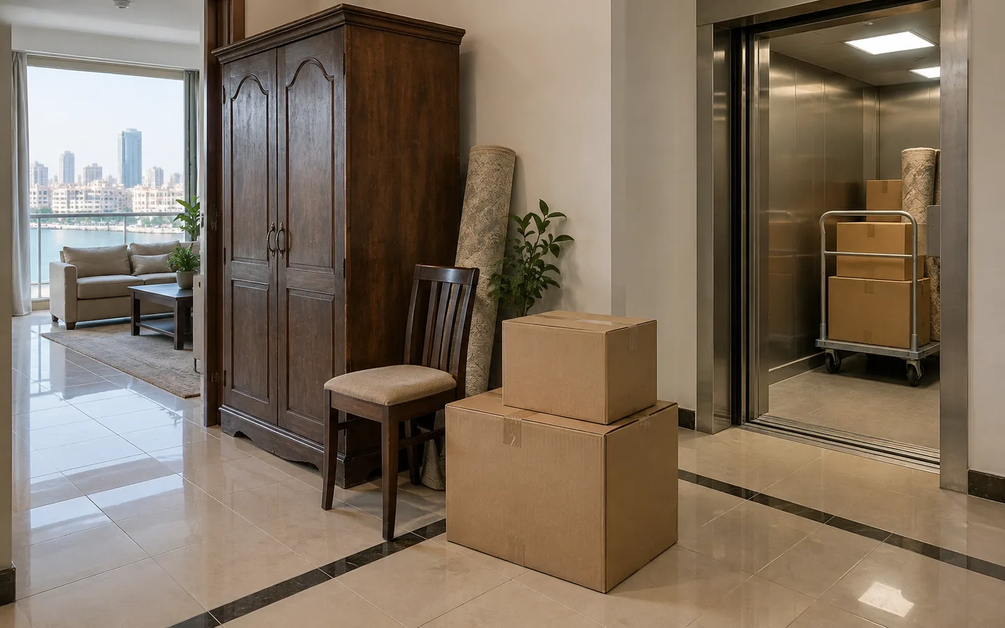 Deira apartment interior with wardrobe, chair and cartons arranged near a clear service route