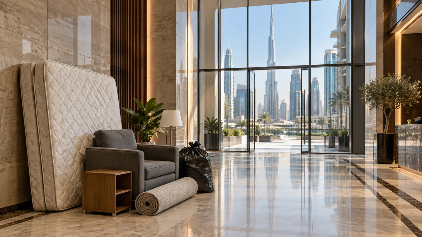 Downtown Dubai high-rise lobby with household items ready for collection