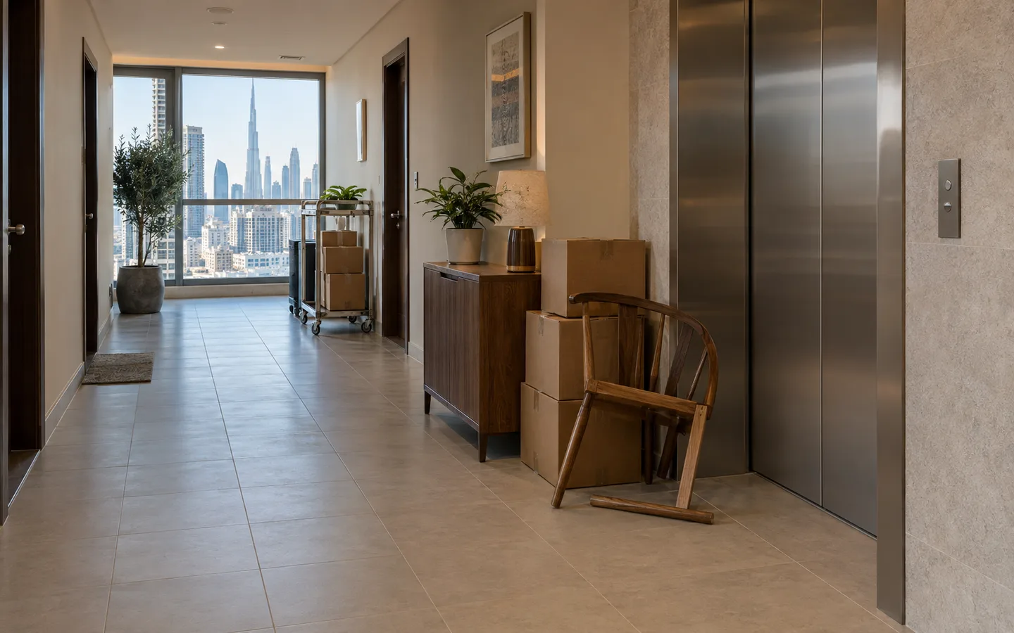 Downtown Dubai apartment service corridor with elevator and staged furniture beside a clear route