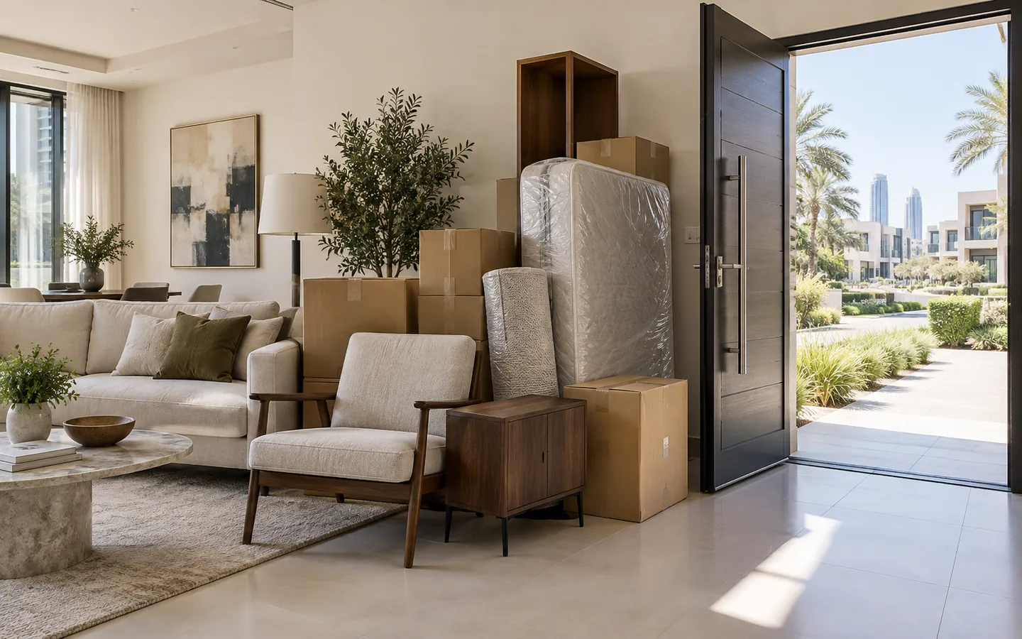 Dubai Hills home interior with furniture and cartons grouped beside a clear doorway