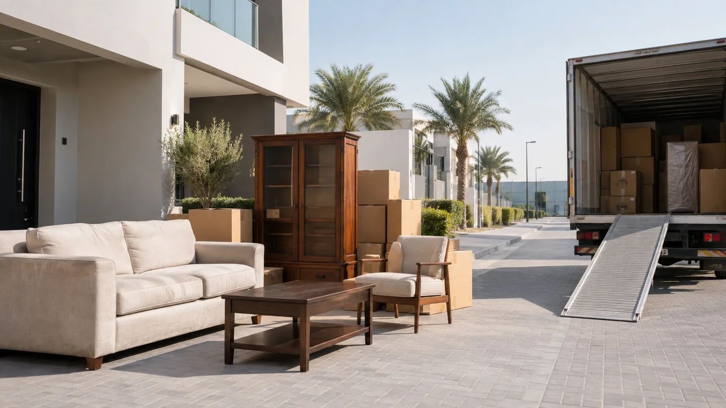 Dubai South property loading point with furniture and boxes staged for removal