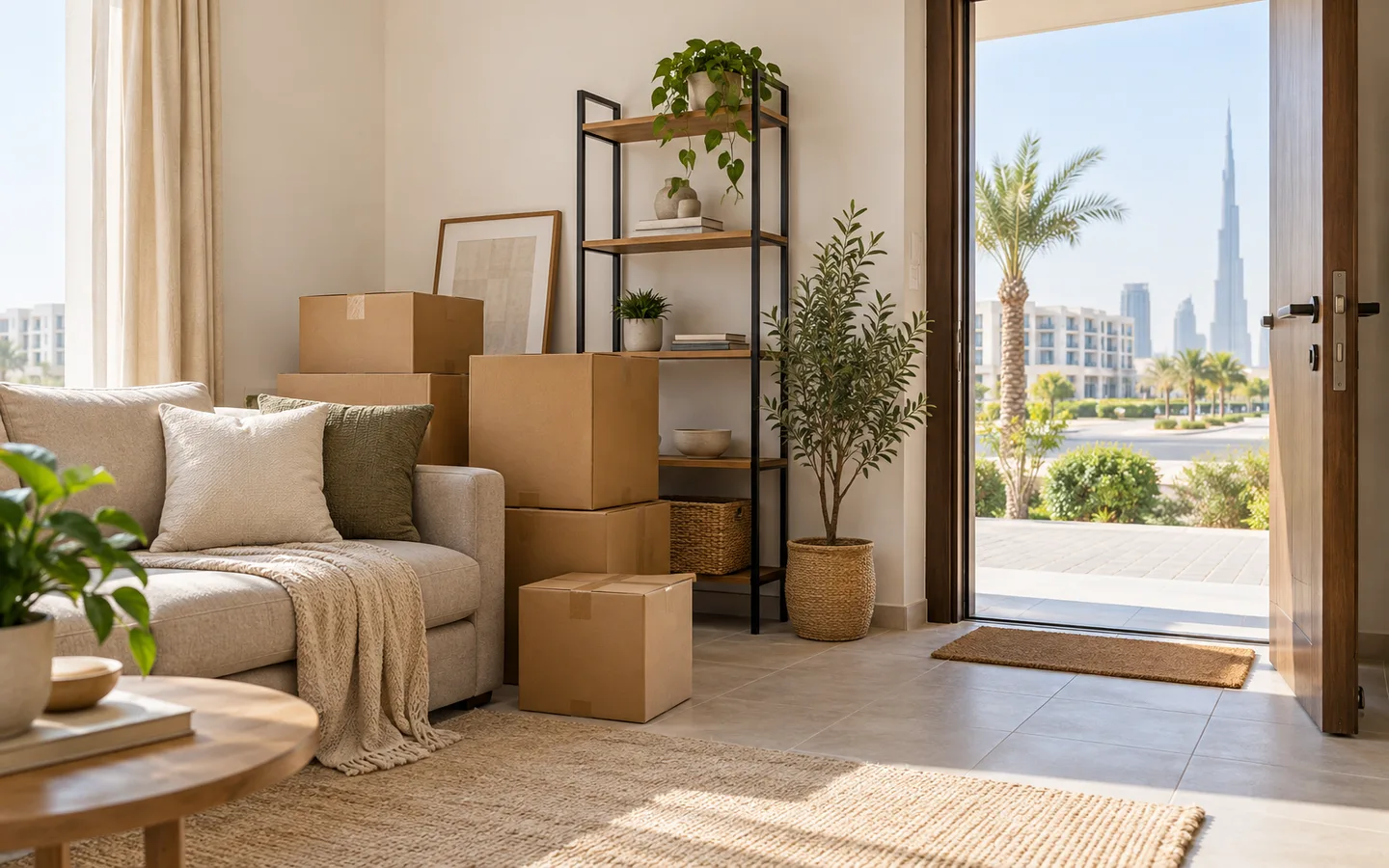 Dubai South interior with sofa, boxes and shelf grouped beside a clear doorway
