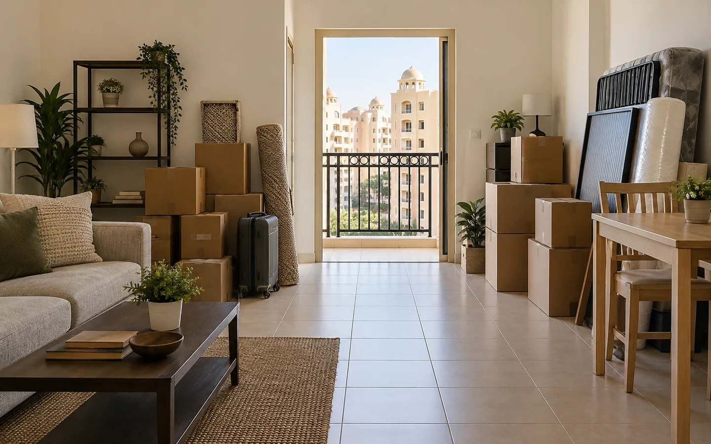 International City Dubai apartment interior with furniture and cartons sorted beside a clear doorway