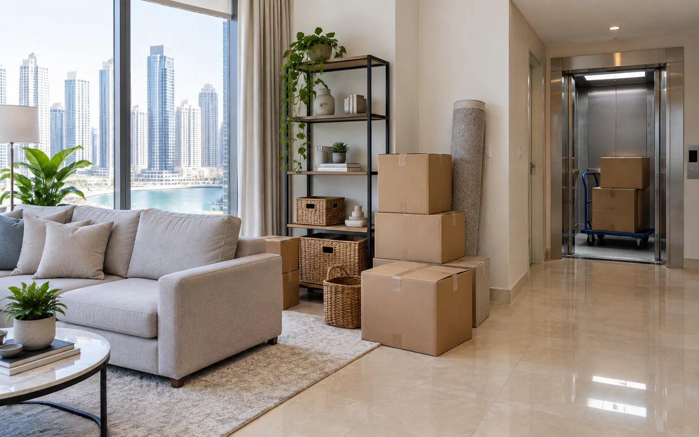 JLT Dubai apartment interior with sofa, shelf and boxes arranged near a service lift route