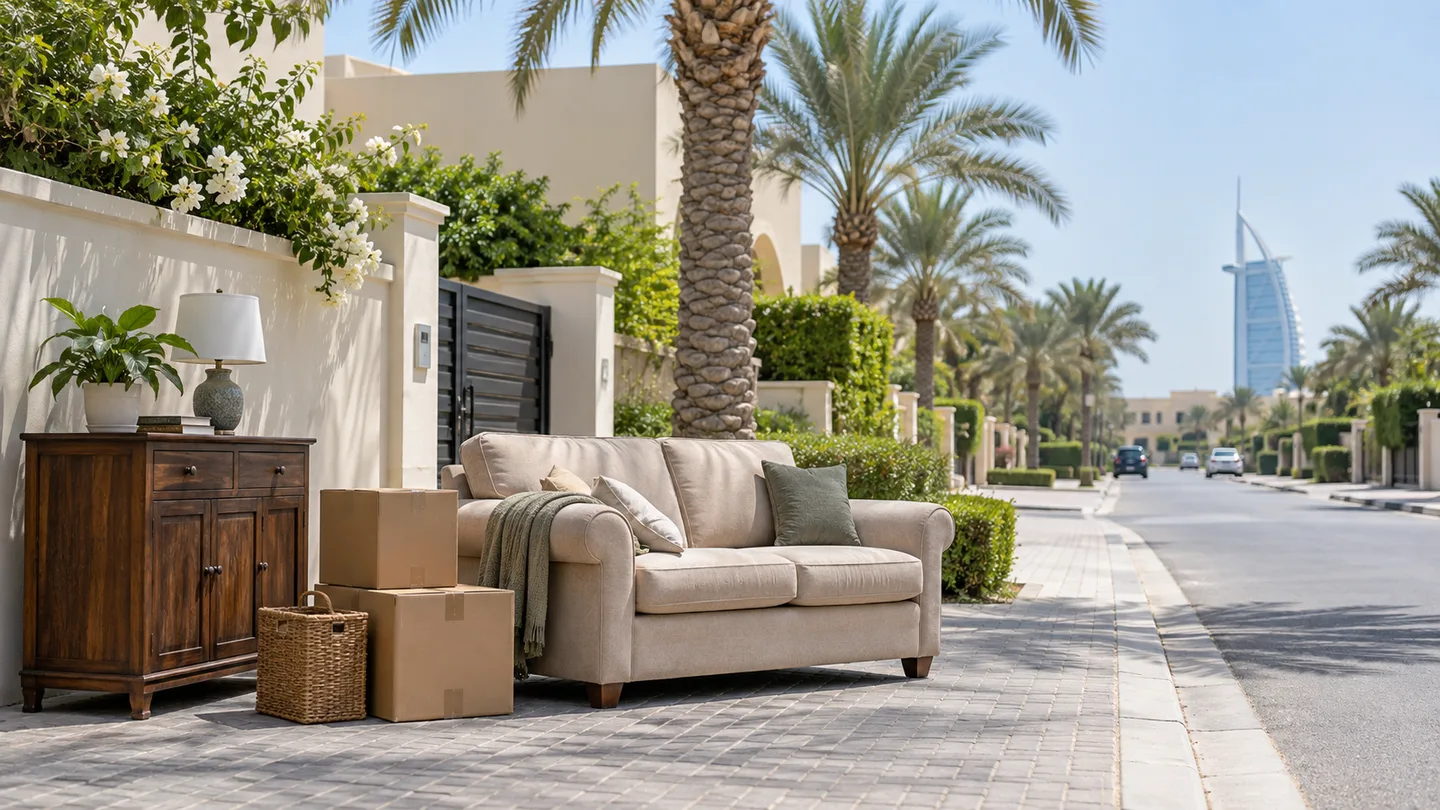 Jumeirah Dubai villa entrance with furniture staged for junk pickup