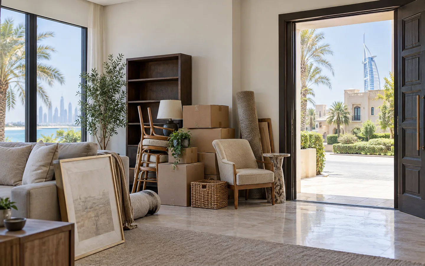Jumeirah Dubai home interior with furniture and cartons grouped beside a clear doorway