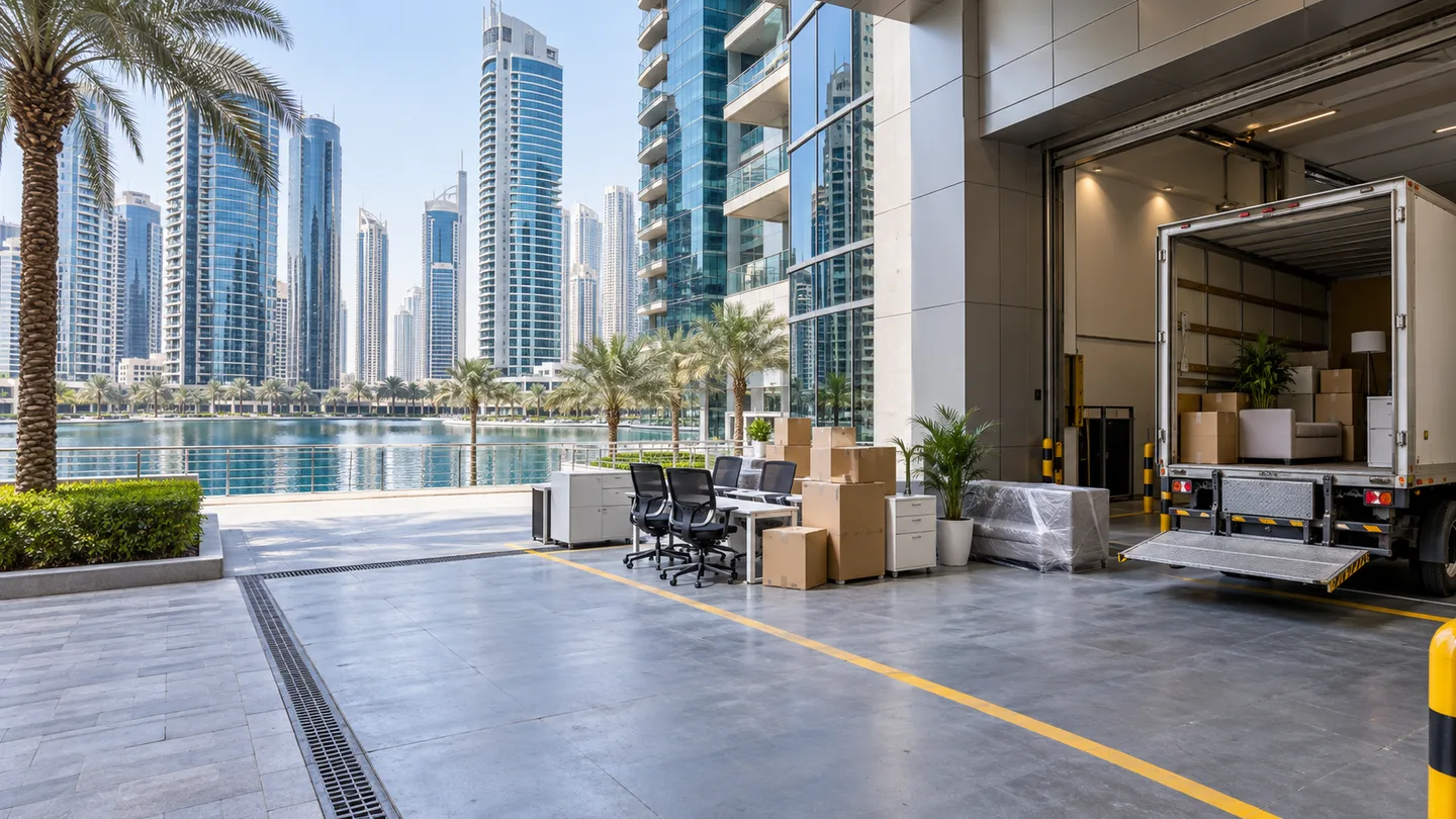 Jumeirah Lakes Towers loading area with furniture and boxes ready for collection