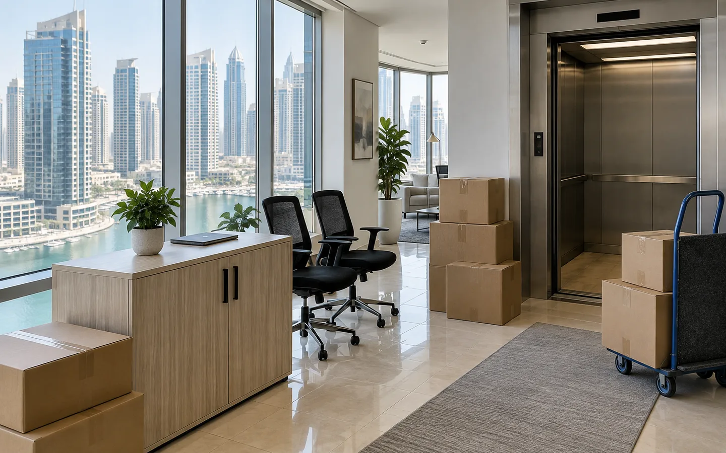 JLT Dubai interior with cabinet, chairs and cartons arranged near a service lift route