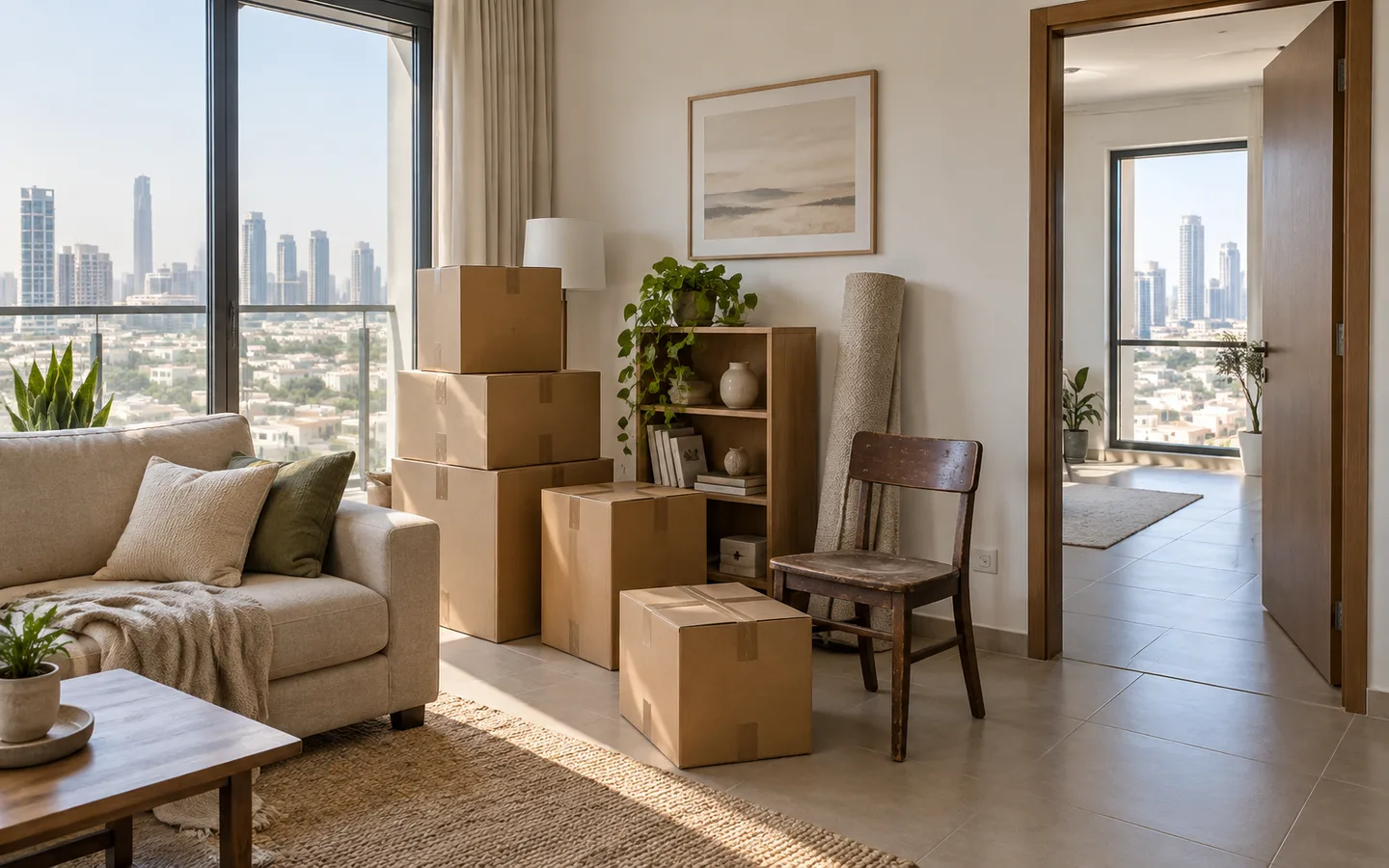 JVC apartment interior with a sofa, boxes, shelf and old chair arranged beside a clear doorway