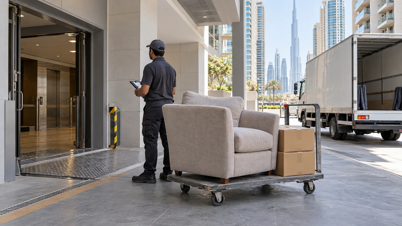 Removal worker assessing one armchair and two boxes on a trolley beside a truck at a Dubai loading bay