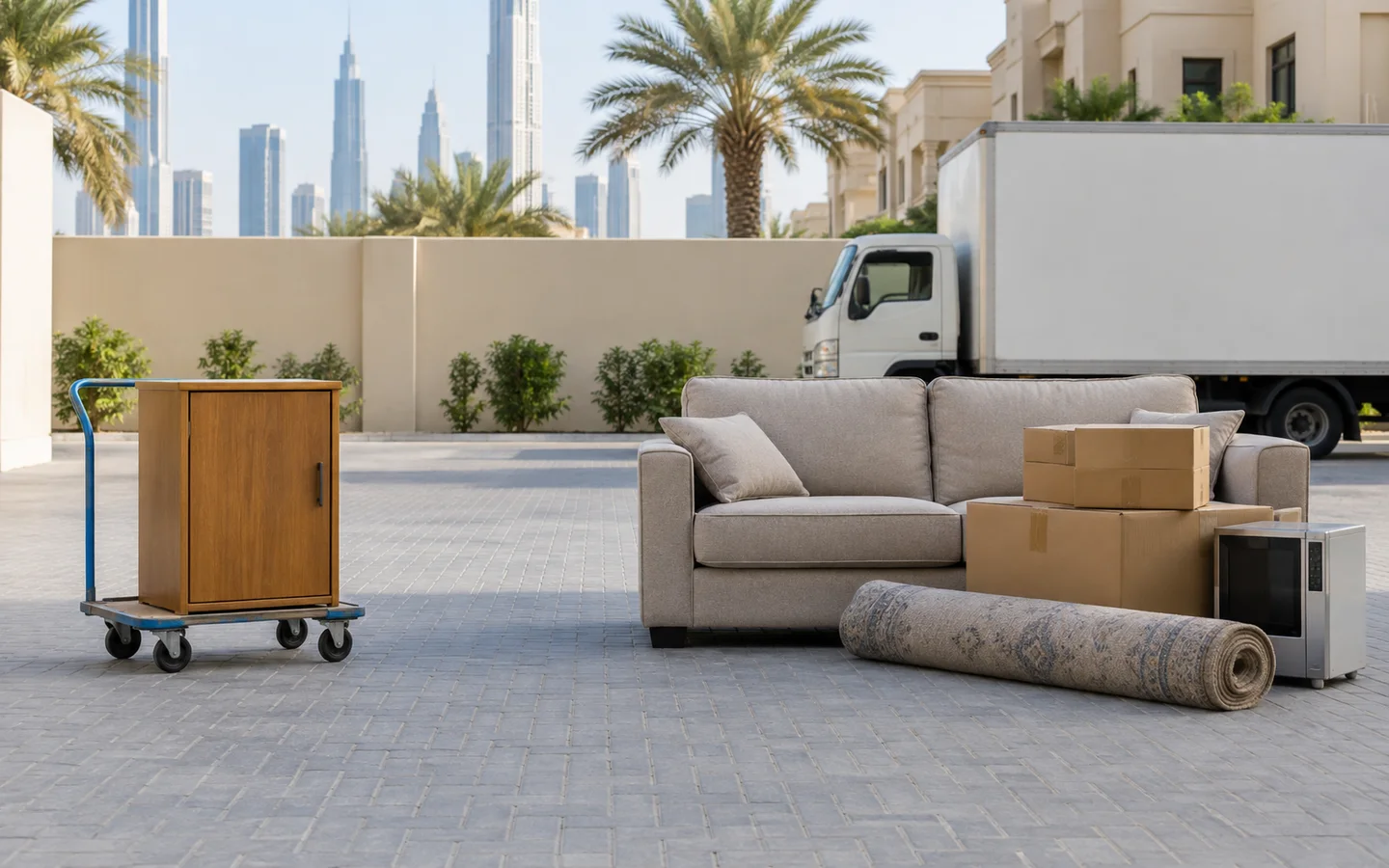 A single cabinet on a trolley separated from a larger sofa, box, rug, and appliance load in a Dubai service yard