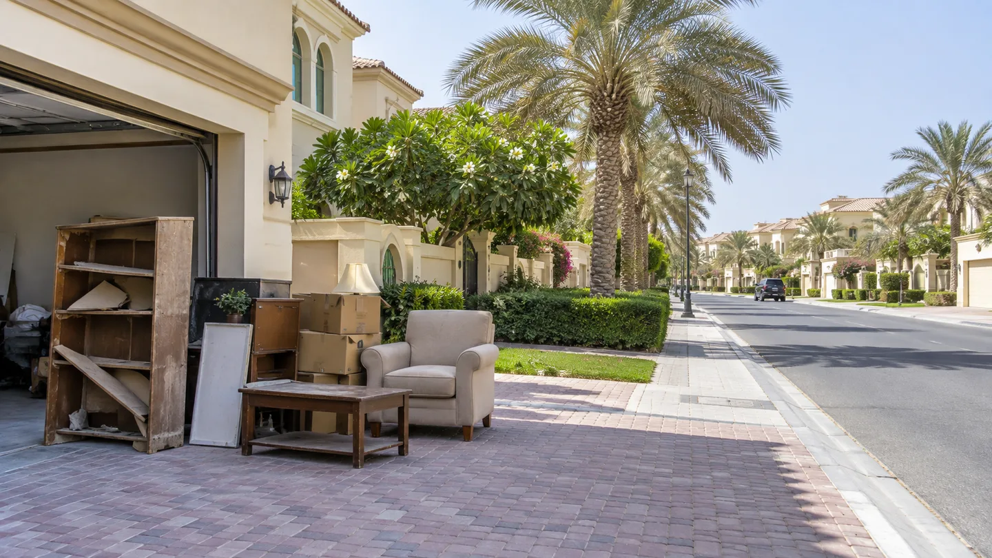 Mirdif Dubai villa driveway with garage furniture and boxes staged for removal