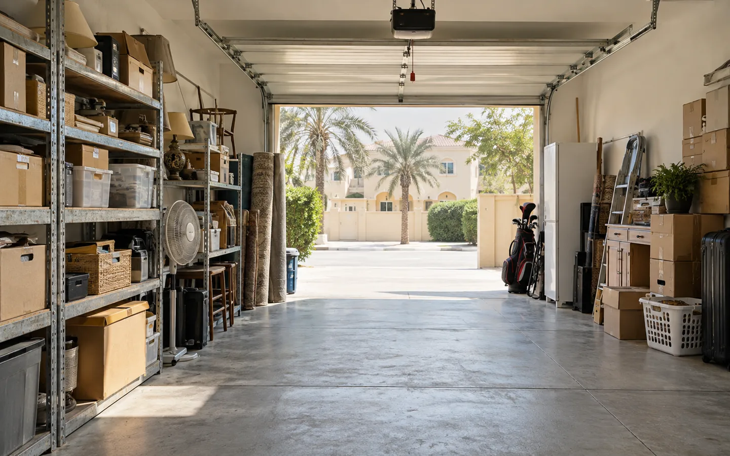 Mirdif Dubai garage with old shelves, cartons and household items sorted into clear removal zones