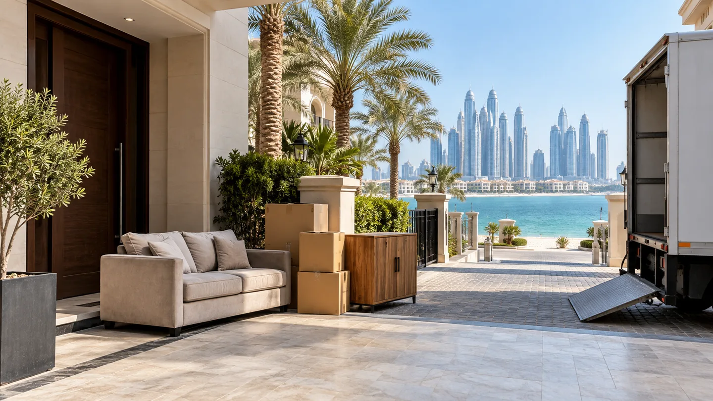 Palm Jumeirah home entrance with furniture staged for junk pickup