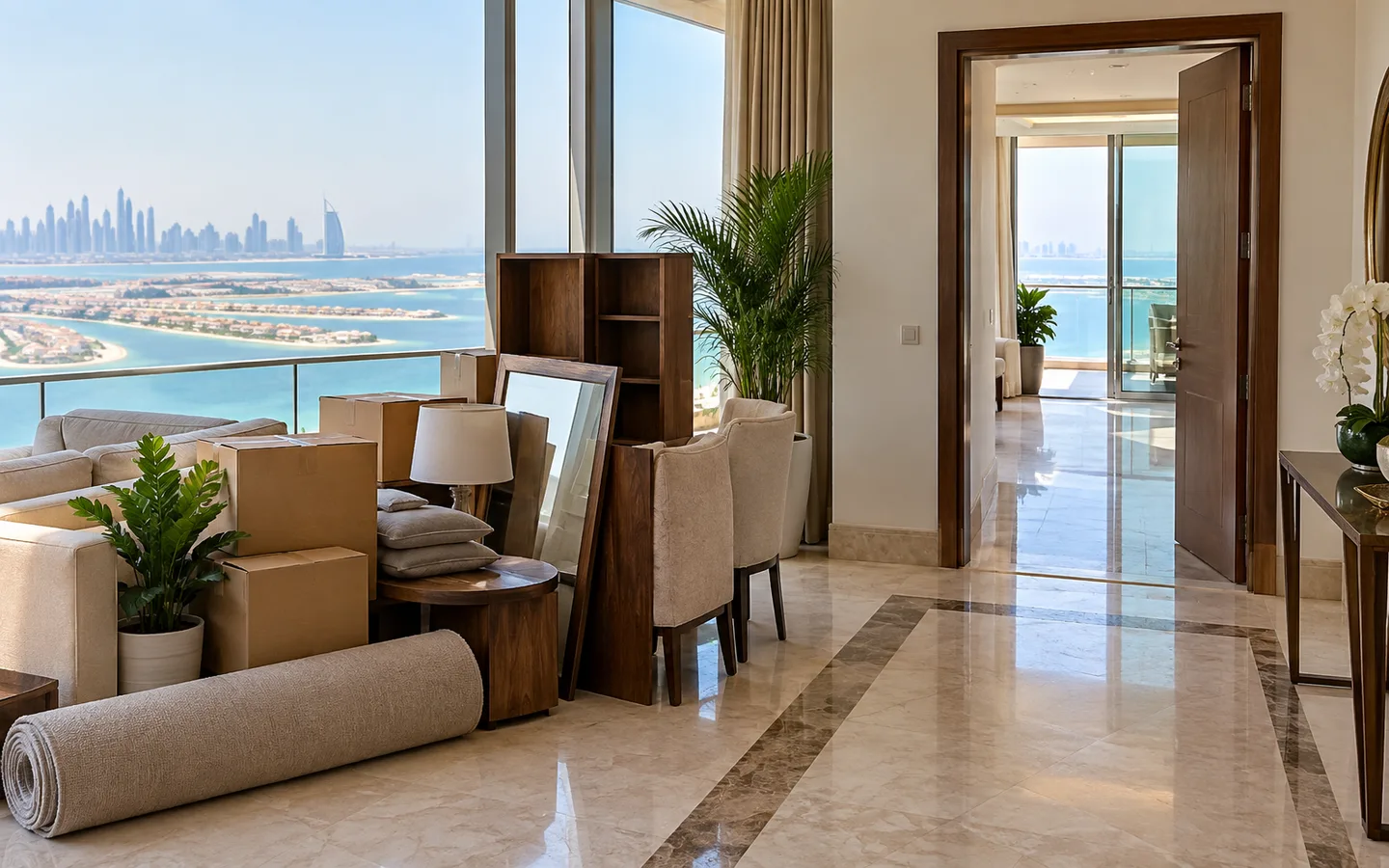 Palm Jumeirah home interior with furniture and boxes grouped beside a clear doorway