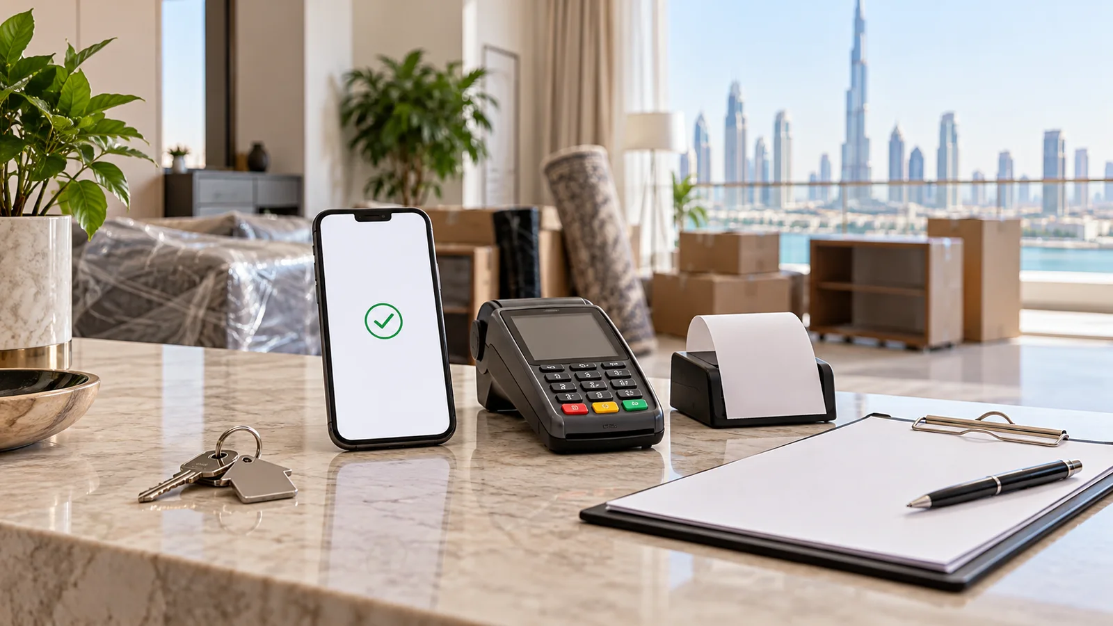 Unbranded phone card terminal blank receipt and clipboard arranged on a Dubai apartment counter