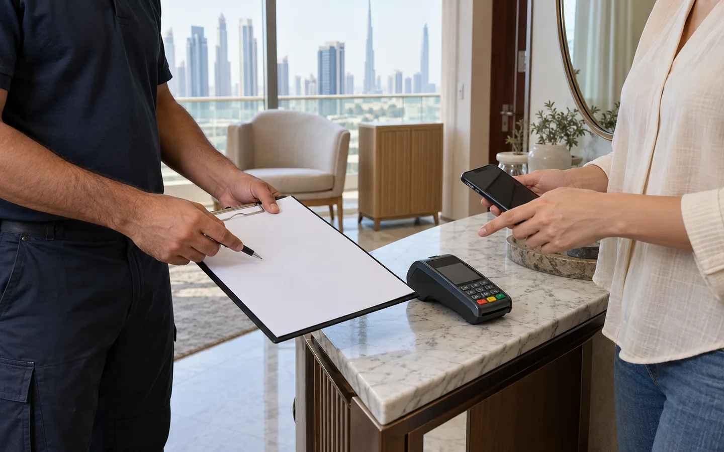 Customer and removal coordinator reviewing a blank quote beside an unbranded phone and card terminal in a Dubai apartment