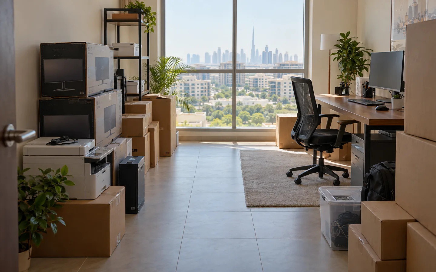 Silicon Oasis home office with monitor boxes, printer, desk and chair sorted into removal zones