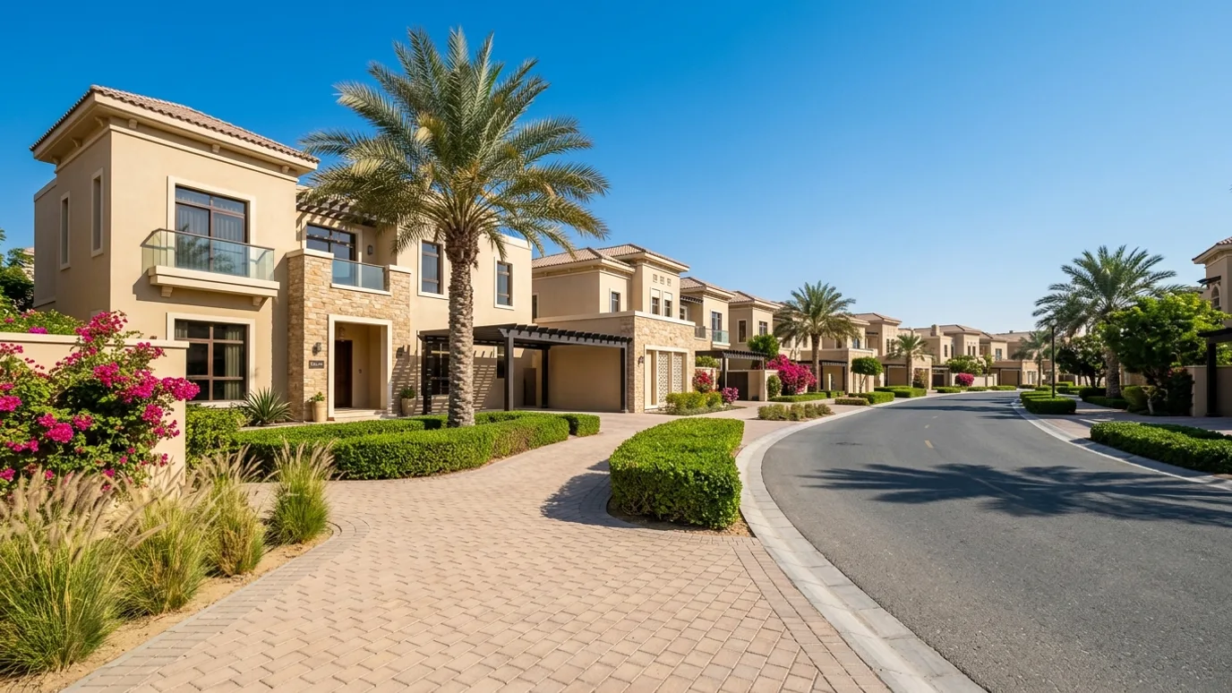 Residential townhouse street with private driveways in The Springs Dubai