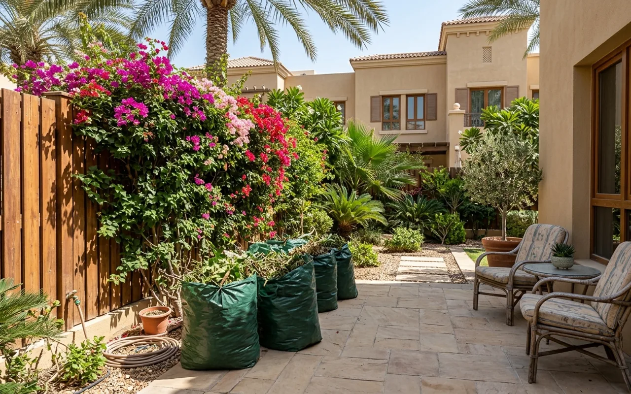 Neat paved garden patio with weather-worn outdoor furniture and bagged garden cuttings in The Springs Dubai