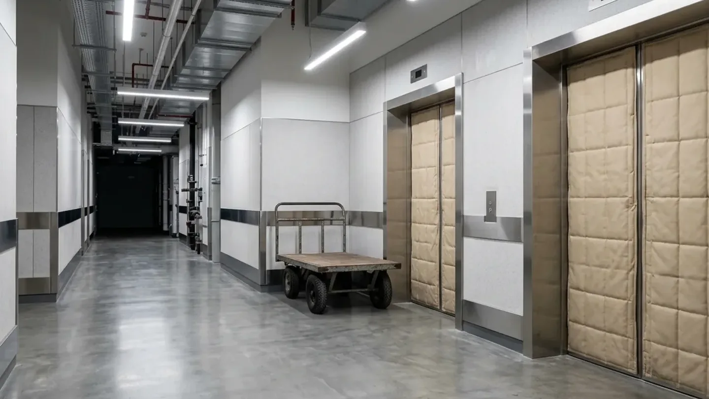 Padded service elevator corridor and transport trolley prepared for upper-floor apartment junk removal in Dubai