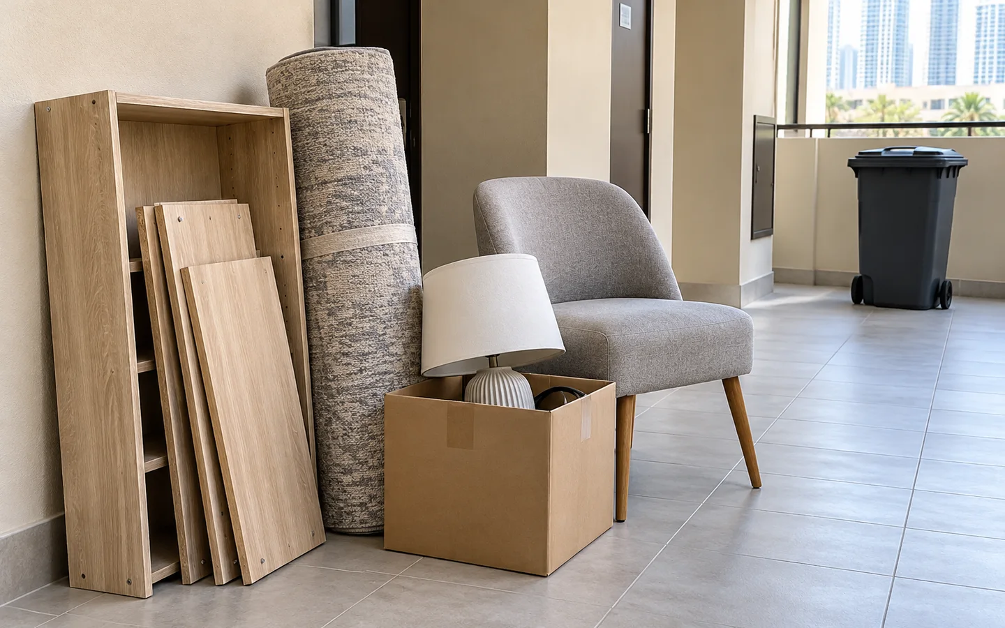 Dismantled shelving, a rolled rug, a chair, and a boxed lamp kept separate from a routine waste bin in a Dubai building