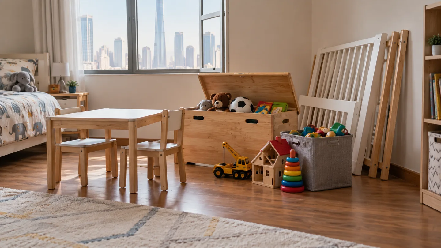 Child-sized table, chairs, toy chest, toys and dismantled cot panels grouped in a Dubai bedroom