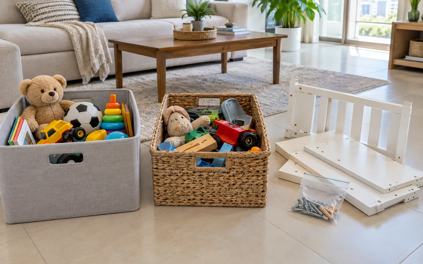 Two boxes of sorted toys beside dismantled child-sized furniture panels and a bag of screws in a Dubai family room