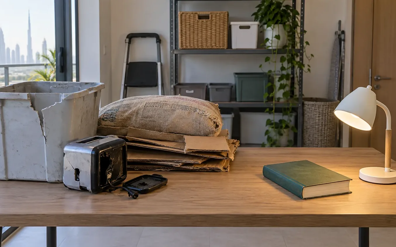Utility shelving and a desk holding a cracked storage bin, a broken toaster, flattened cardboard and a sack beside a book and lamp kept separate