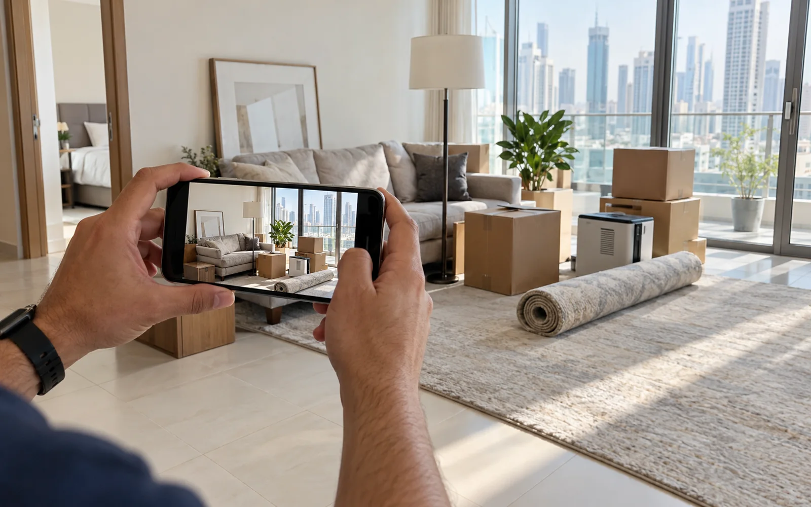 A resident photographing boxes, furniture, an appliance, and a rolled rug for a mixed junk quote in Dubai