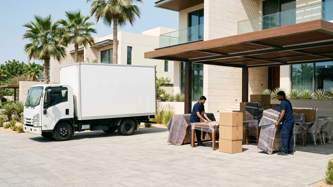 Two removal crew members staging wrapped furniture and cartons under a shaded villa carport beside an unbranded truck in Dubai