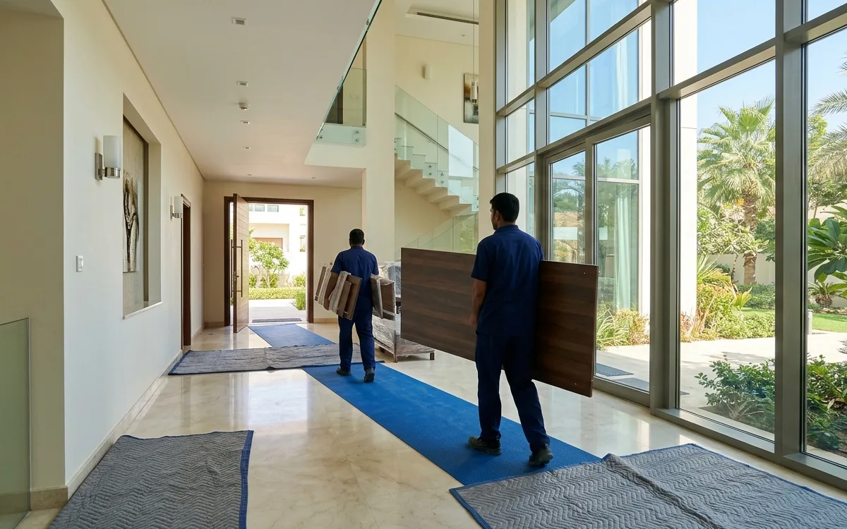 Two removal crew members carrying disassembled wooden panels along a protected hallway inside a spacious Dubai villa