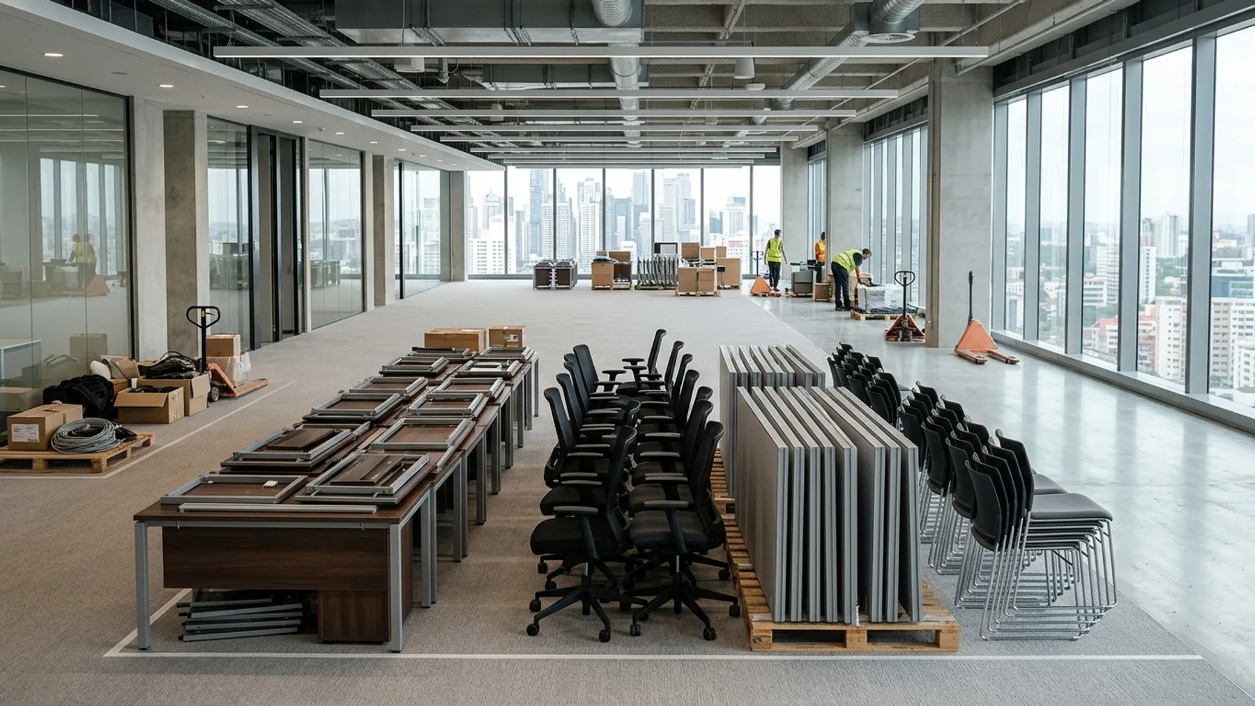 Modern corporate office floor with decommissioned modular workstations and ergonomic chairs organized for disposal in Dubai