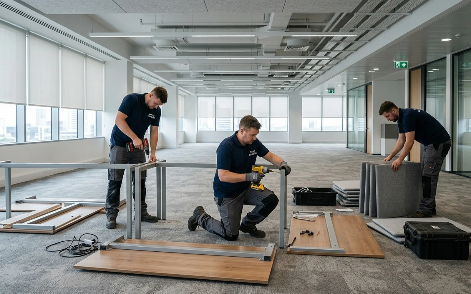 Commercial clearance technicians disassembling corporate modular workstations and acoustic screens with cordless tools
