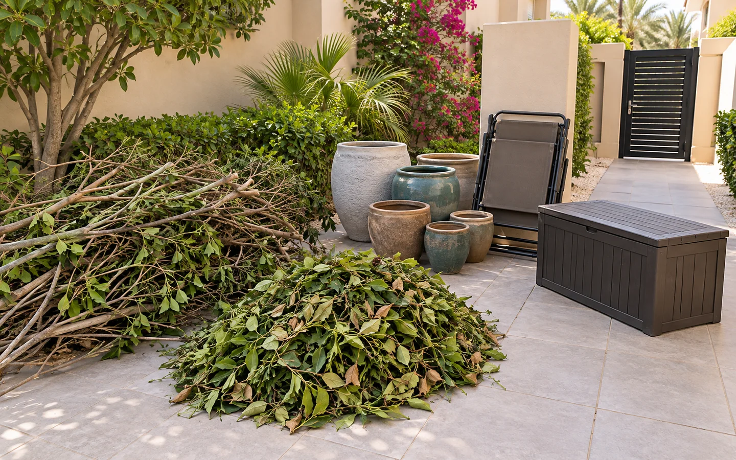 Branches, leaves, empty planters, a folded patio chair, and an outdoor storage box sorted beside a Dubai villa gate
