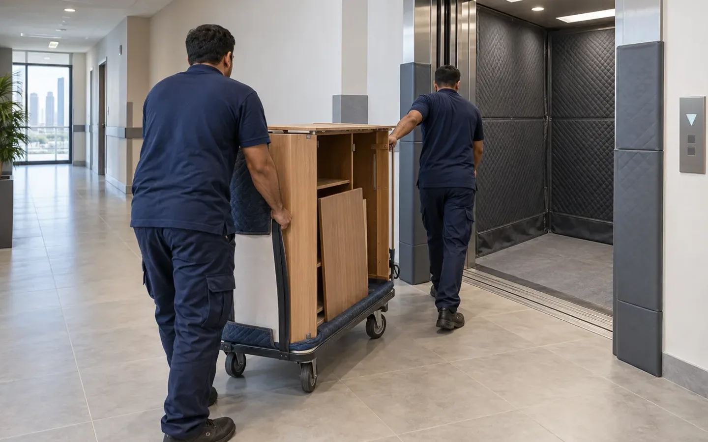 Two crew members moving heavy furniture on a padded flatbed trolley toward a protected building service elevator