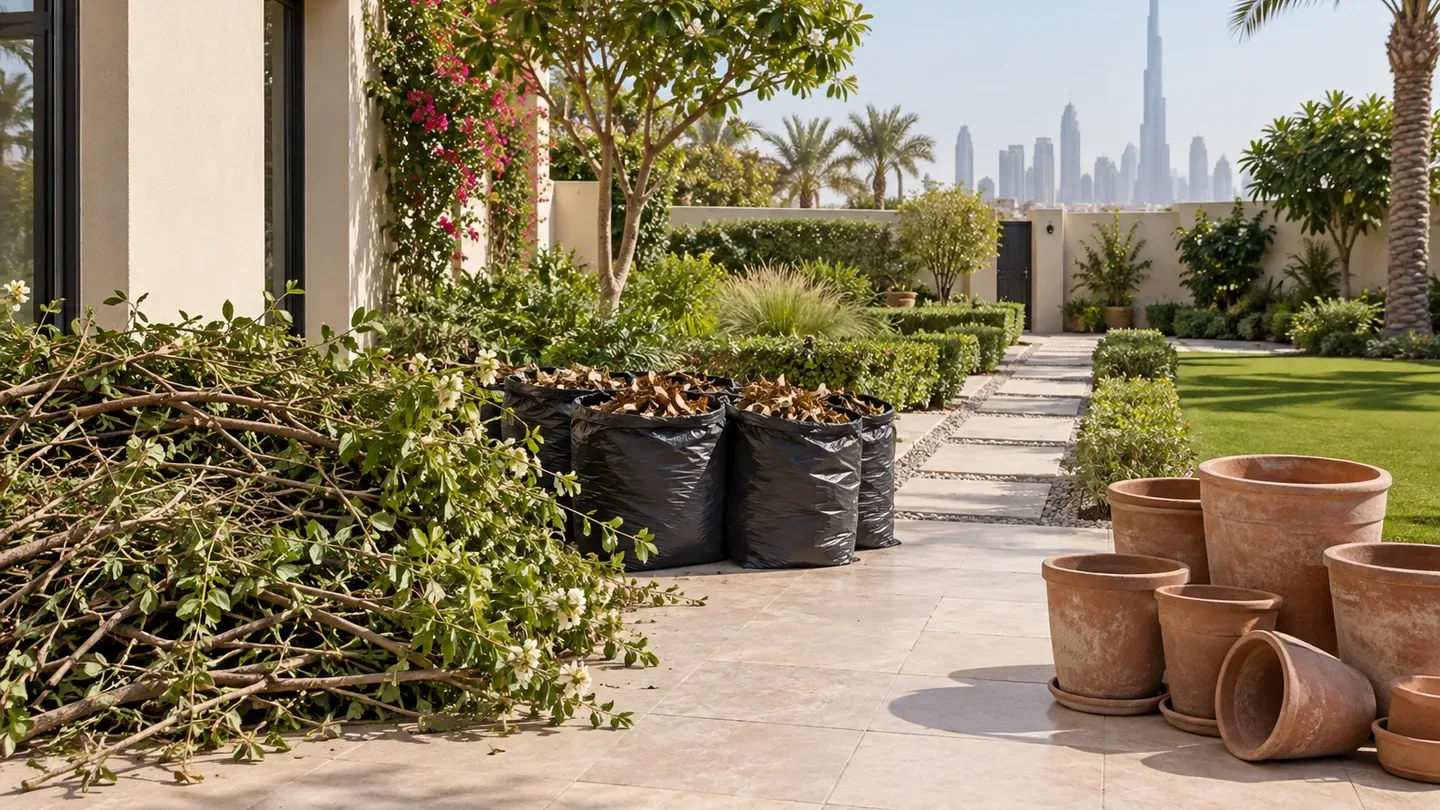 Terracotta pots of different sizes stacked on a paved Dubai villa terrace beside bagged leaves and a pile of cut branches, with the city skyline beyond